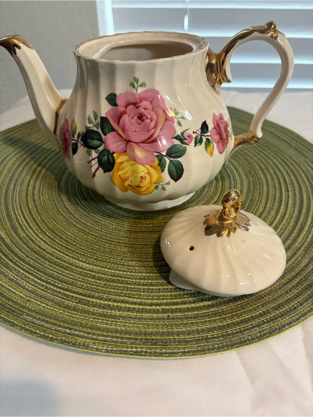 Floral Porcelain Teapot with Pink & Yellow Roses. Sadler England